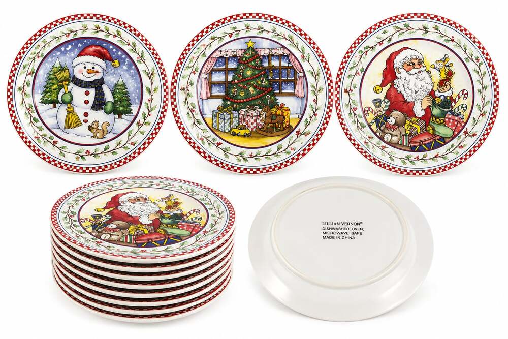 Lillian Vernon Christmas Holiday Dinner Salad Plates Assorted Santa Snowman Tree